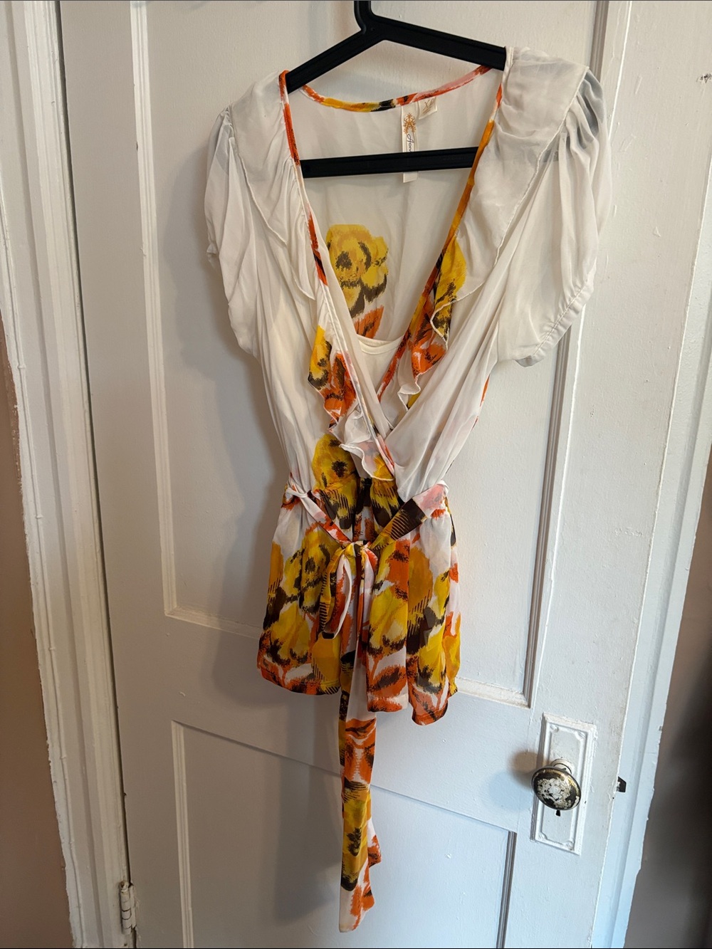 Adiva White Wrap Blouse with Yellow Floral Print